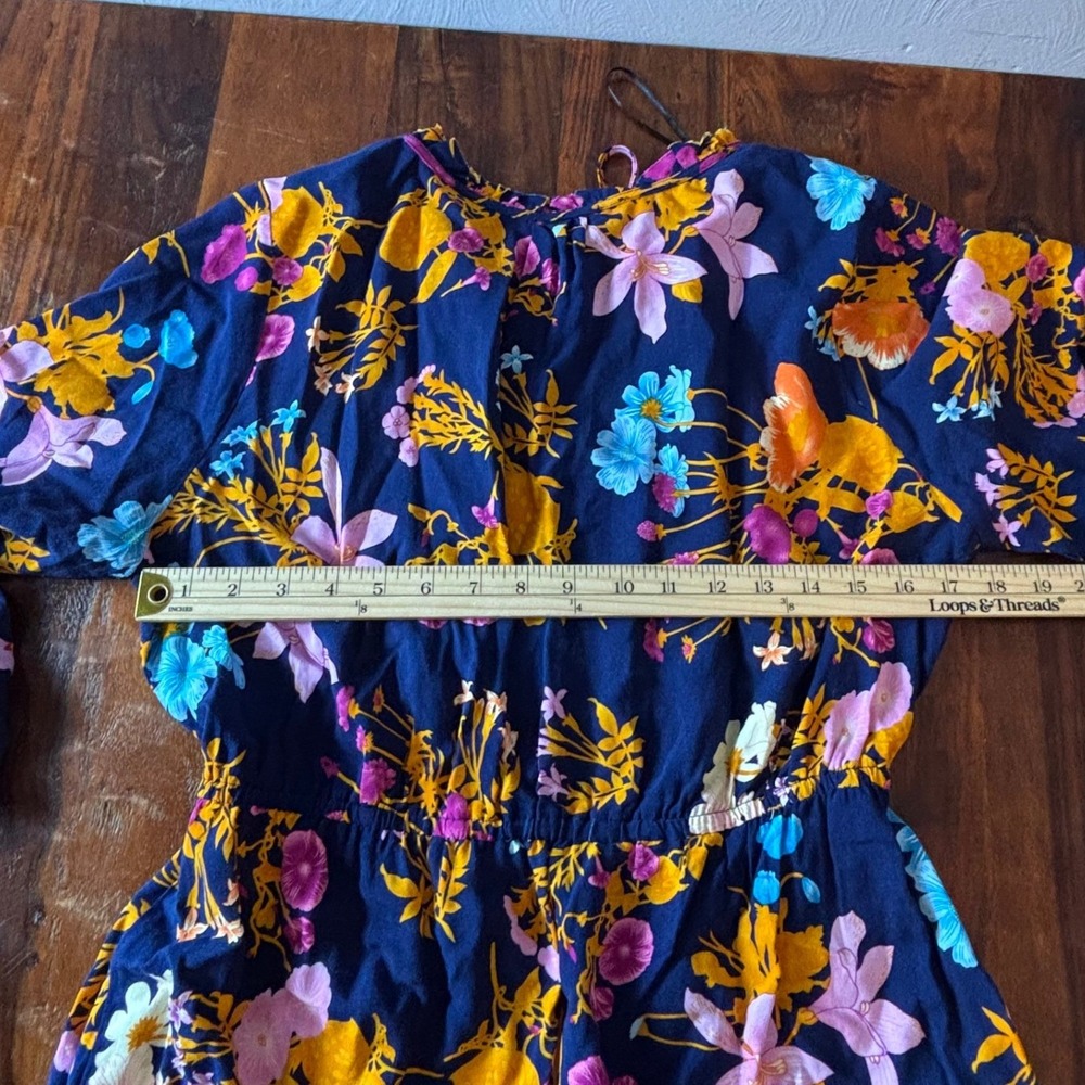 GIGIO Navy Blue Floral Boho High-Low Midi Dress Tie Neck 3/4 Sleeve Womens Large - Picture 5 of 10
